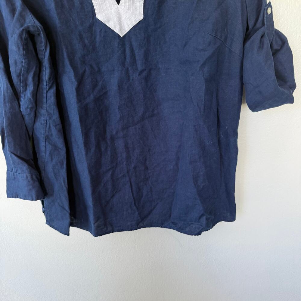 Lauren Ralph Lauren Linen Roll Tab Tunic Blouse size 2X Navy Blue White - Picture 5 of 10